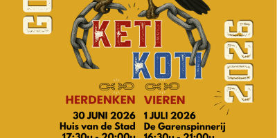 Afbeelding met een oranje achtergrond en witte tekst, ter aankondiging van Keti Koti 2026 in Gouda.