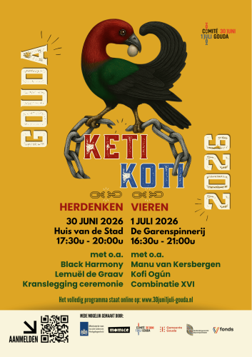 Afbeelding met een oranje achtergrond en witte tekst, ter aankondiging van Keti Koti 2026 in Gouda.
