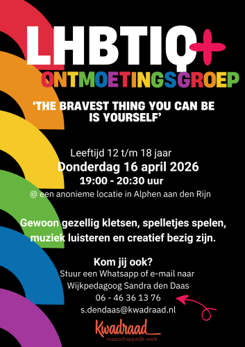 Flyer met informatie over eerstvolgende bijeenkomst van de LHBTIQ+ Ontmoetigsgreop van Kwadraad Maatschappelijk Werk die Donderdag 16 april 19.00-20.30 uur plaatsvindt