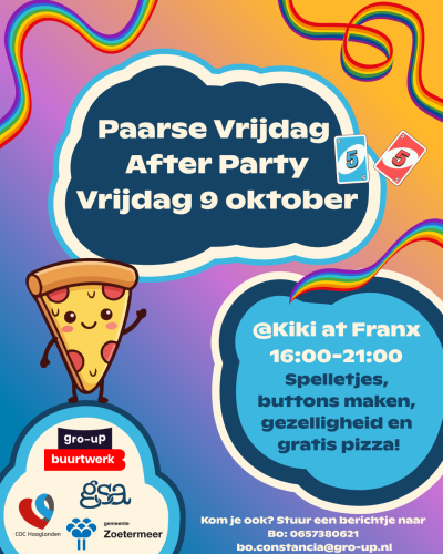 Een flyer met inhoudelijk informatie over het After Party Evenement